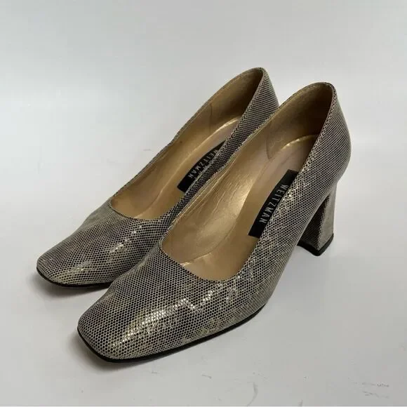 Vintage 90s Stuart Weitzman Snakeskin Reptile Gold Tan Pumps Heels Shimmer 6 6.5 - Picture 3 of 11